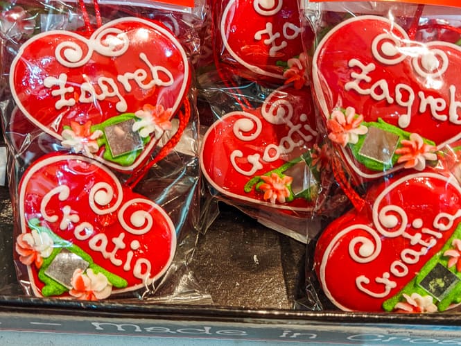 A set of red 'licitar hearts' - colourful biscuits that are also the symbol of Zagreb.